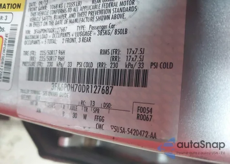 2013 Ford Fusion Se z USA, uszkodzony, nr VIN 3FA6P0H70DR127687